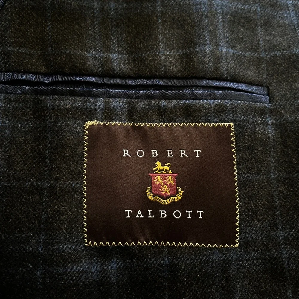 Robert Talbott Mens 42R Blazer Plaid Wool Cashmere Silk Sport Coat Charcoal Blue